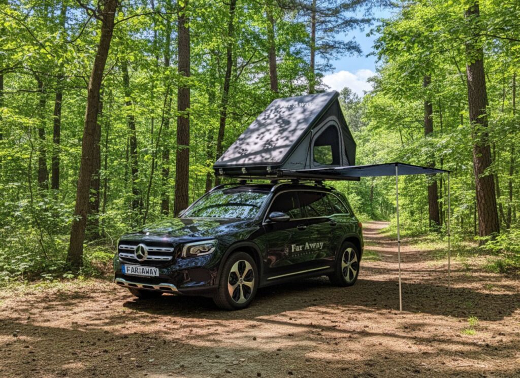Namiot dachowy Far Away Equipment Matterhorn z markizą na aucie SUV w lesie
