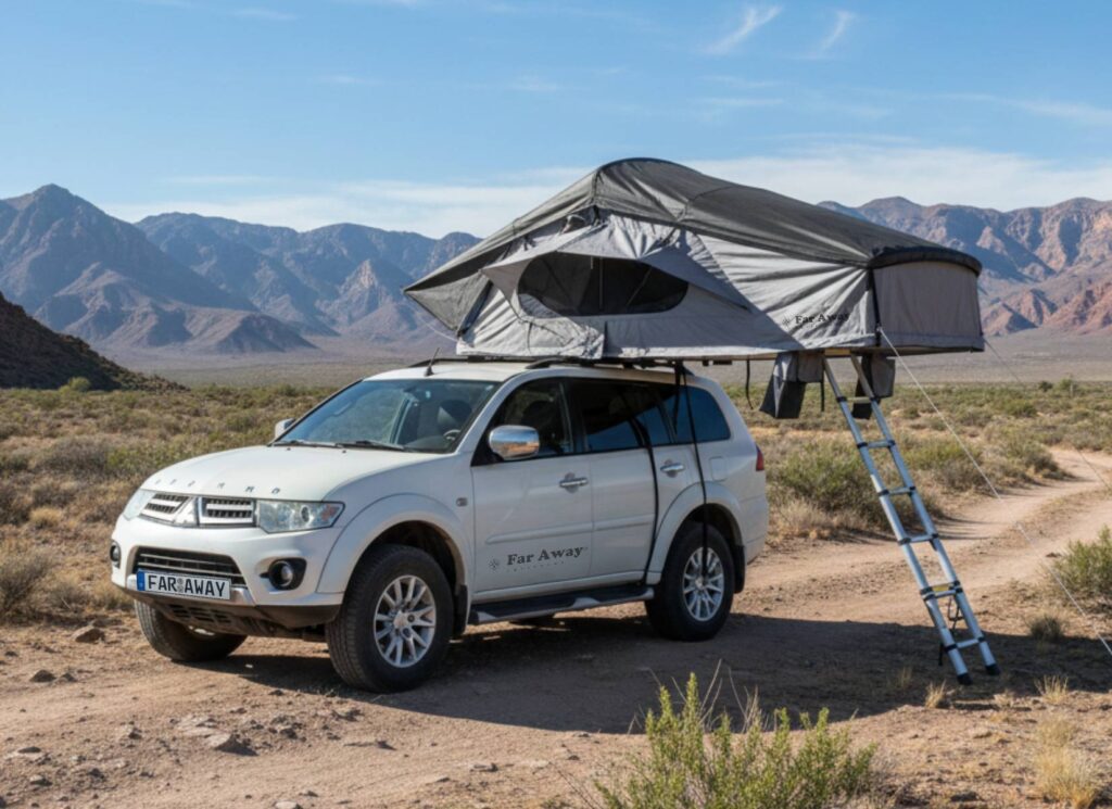 Namiot dachowy Far Away Equipment Mont Blanc 160 szary rozłożony na samochodzie